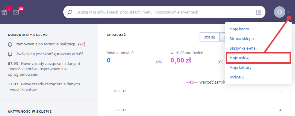Przejdź do usług przypisanych do konta sklepu Shoper Panel administracyjny sklepu > Profil > Moje usługi