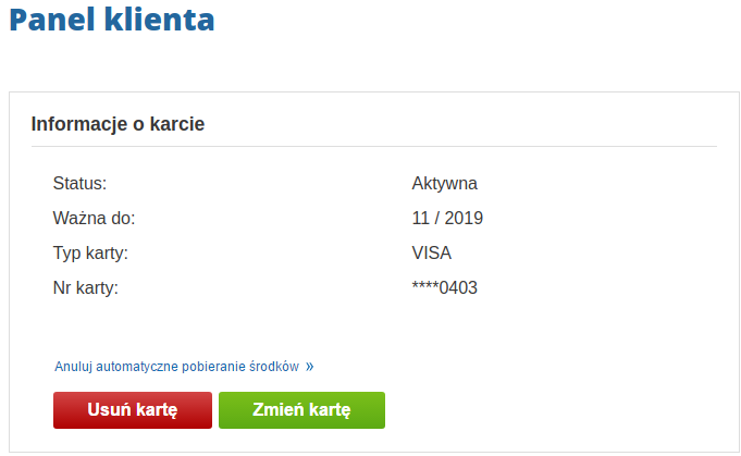 Sprawdź, czy karta płatnicza została prawidłowo dodana do listy Panel klienta Shoper > Informacje o karcie