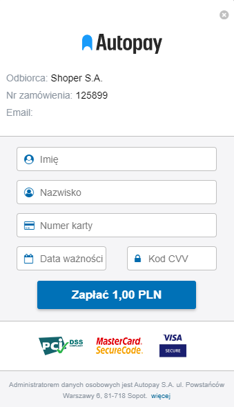 Aby zweryfikować kartę płatniczą - zapłać 1 zł Panel klienta Shoper > Karty płatnicze > Dodawanie karty > Przelew weryfikacyjny