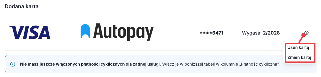 Karta płatnicza po dodaniu do panelu sklepu Widok poprawnie dodanej karty płatniczej w sklepie Shoper