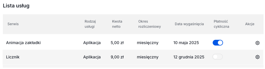 Lista zakupionych usług w sklepie Shoper Lista zakupionych usług w sklepie Shoper