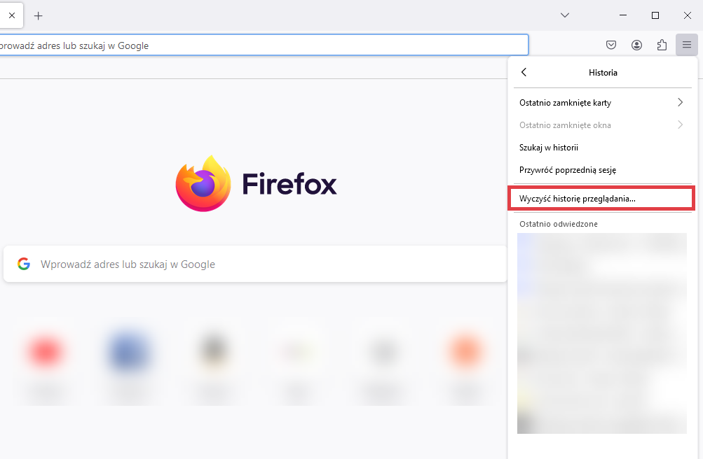 Czyszczenie historii przeglądania w przeglądarce Firefox Przeglądarka Firefox > Historia > Wyczyść historię przeglądania