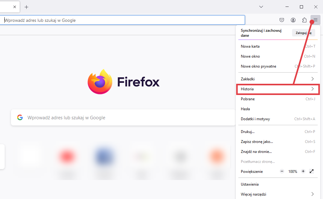 Przejdź do historii w przeglądarce Firefox Przeglądarka Firefox > Ustawienia > Historia