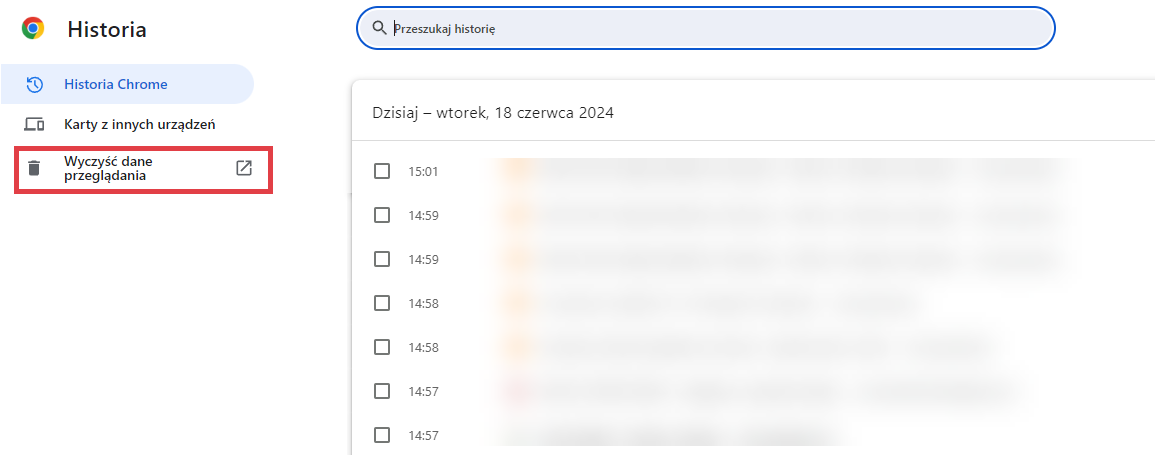 Wyczyść dane przeglądania w przeglądarce Google Chrome Przeglądarka Google Chrome > Historia > Czyszczenie danych przeglądania