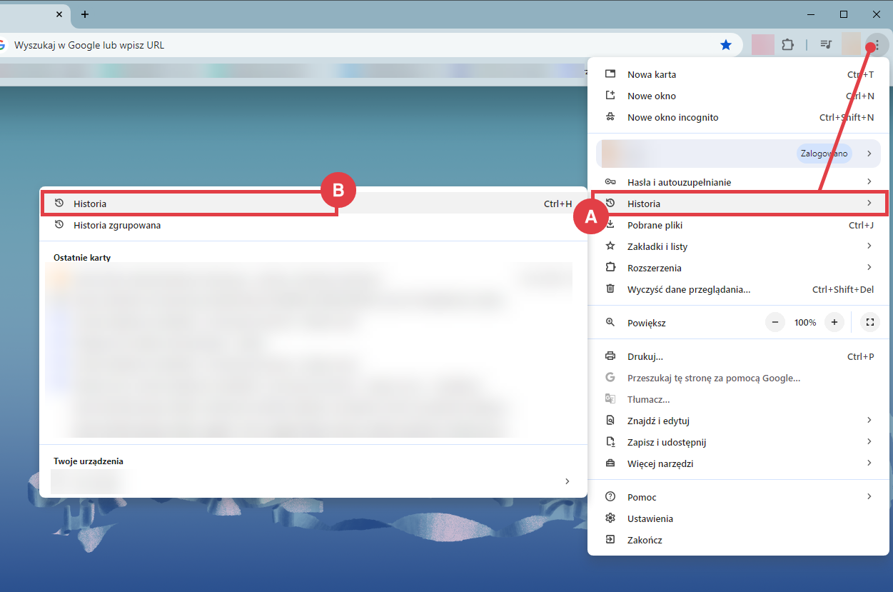 Wejdź do historii przeglądarki Google Chrome Przeglądarka Google Chrome > Historia