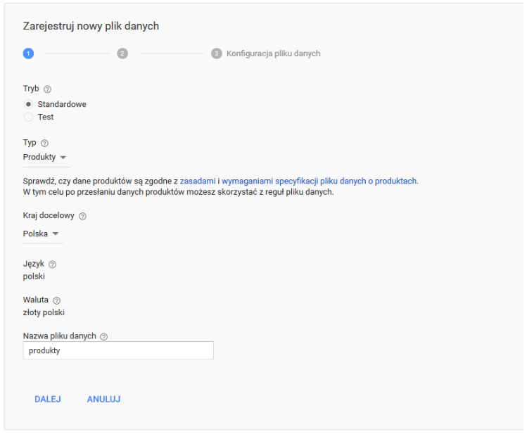 Zarejestruj nowy plik danych Rejestracja nowego pliku danych w Google Merchant Center