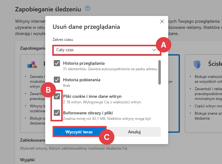 Usuń dane przeglądania z przeglądarki Microsoft Edge Microsoft Edge > Historia > Kosz > Usuwanie danych przeglądania