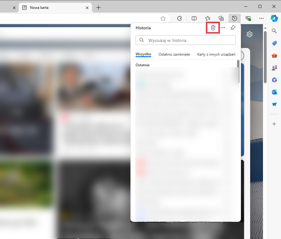 Kliknij ikonę kosza w zakładce: Historia Microsoft Edge > Historia > Kosz
