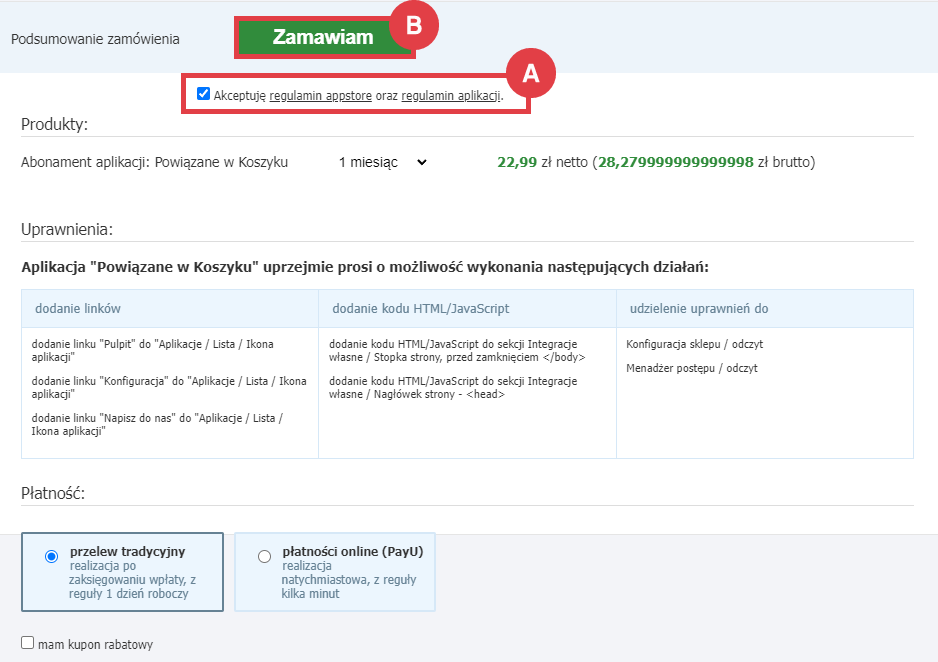 Zamów i opłać abonament aplikacji Powiązane w Koszyku w Shoper Panel administracyjny sklepu > Dodatki i integracje > Aplikacje > Powiązane w Koszyku > Instalacja