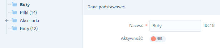 Aby ukryć kategorię produktów w sklepie Shoper, podczas jej edycji zmień status w polu: Aktywność. Przykład ukrytej kategorii produktów w sklepie Shoper