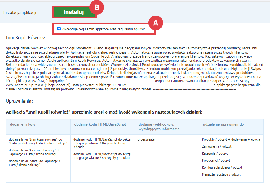 Panel administracyjny sklepu > Dodatki i integracje > Aplikacje > Inni Kupili Również > Instalacja