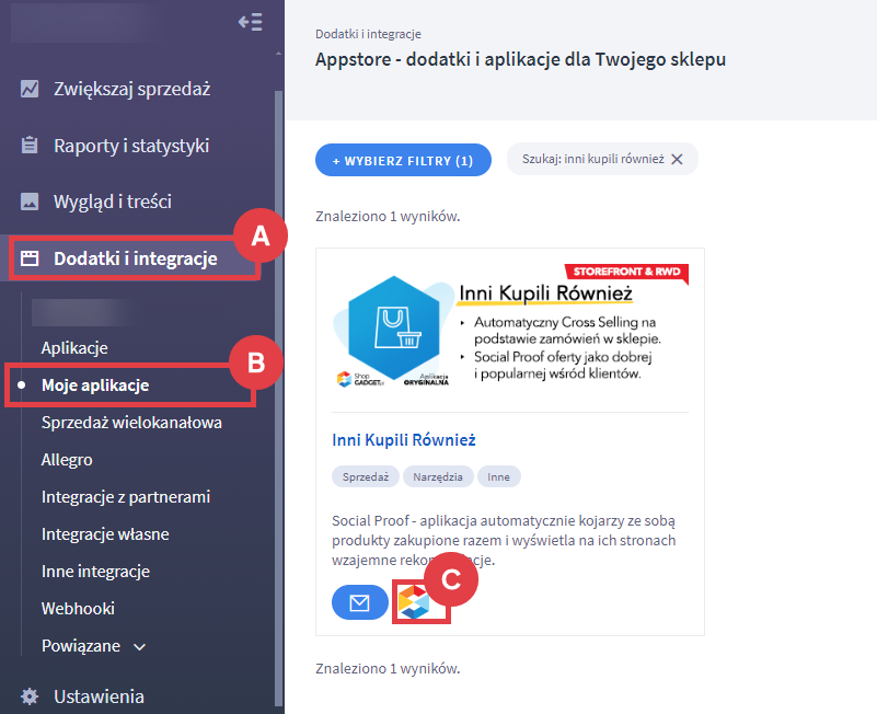 Panel administracyjny sklepu > Dodatki i integracje > Moje aplikacje > Inni Kupili Również