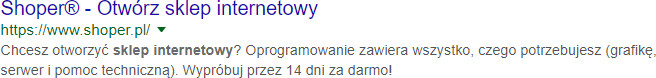 Przykładowy wynik w Google dla domeny: shoper.pl. Przykład wyniku dla domeny: shoper.pl w wyszukiwarce Google.