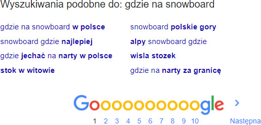 W dolnej części strony z wynikami znajdziesz listę podobnych fraz kluczowych. Po wpisaniu słowa kluczowego w Google, w dolnej części ekranu znajduje się sekcja z podobnymi słowami kluczowymi
