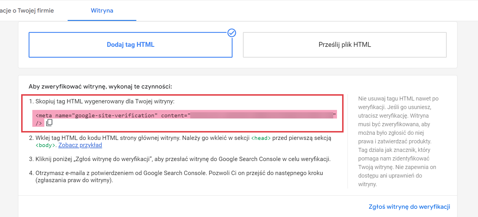 Zapisz wygenerowany tag HTML dla Twojego sklepu Shoper Google Merchant Center > Narzędzia > Informacje o firmie > Witryna > tag HTML