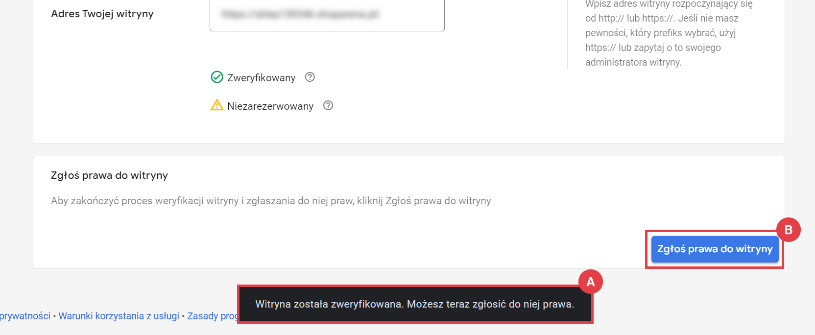 Zakończ proces weryfikacji sklepu, zgłaszając do niego prawa Google Merchant Center > Narzędzia > Informacje o firmie > Witryna > Zgłoś prawa do witryny