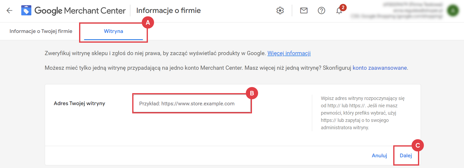 Wpisz adres Twojego sklepu internetowego Shoper w zakładce: Witryna Google Merchant Center > Narzędzia > Informacje o firmie > Witryna > Adres