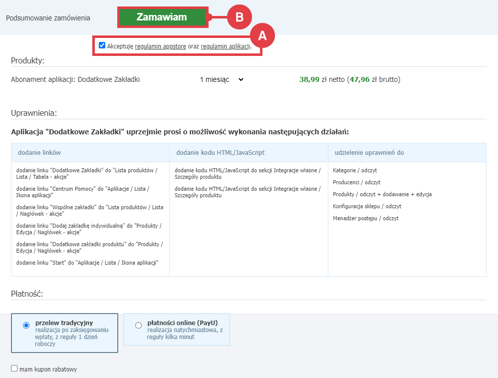 Panel administracyjny sklepu > Dodatki i integracje > Aplikacje > Dodatkowe Zakładki > Instalacja