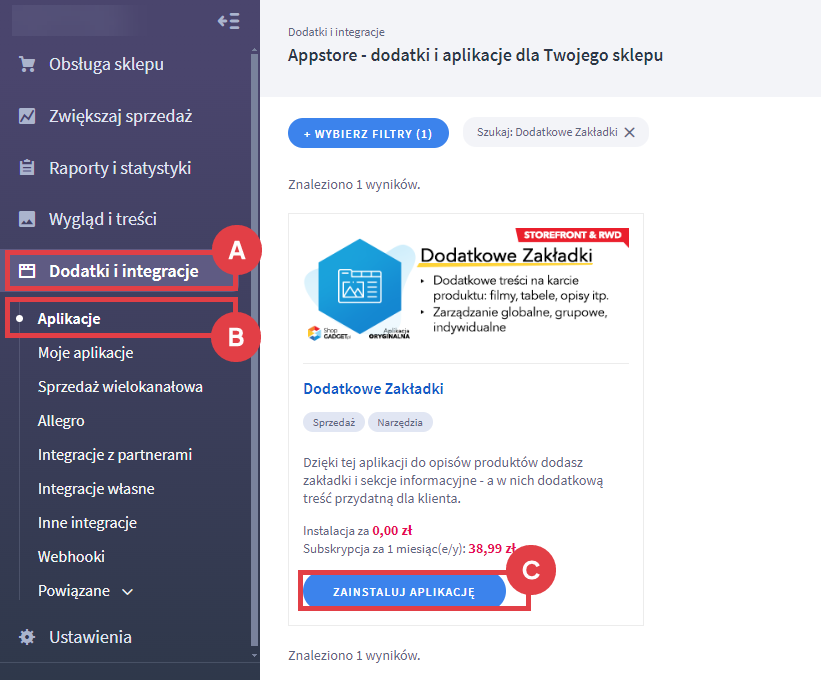 Panel administracyjny sklepu > Dodatki i integracje > Aplikacje > Dodatkowe Zakładki