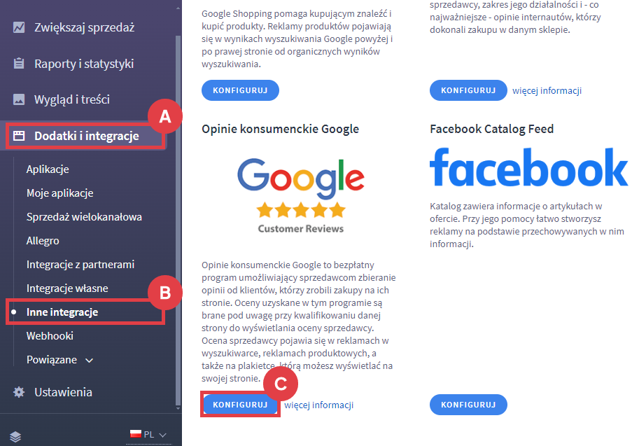 Skonfiguruj program Opinie konsumenckie Google w sklepie Shoper Panel administracyjny sklepu > Dodatki i integracje > Inne integracje > Opinie konsumenckie