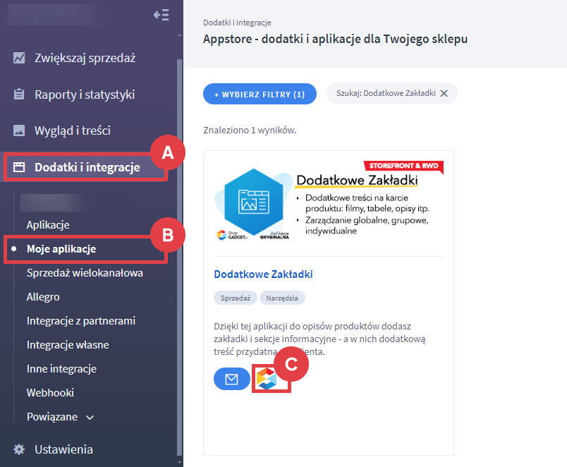 Panel administracyjny sklepu > Dodatki i integracje > Moje aplikacje > Dodatkowe Zakładki