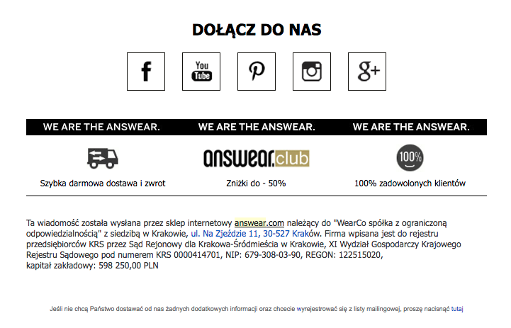 Przykład stopki dla wiadomości wysyłanych w kampaniach marketingu e-mail