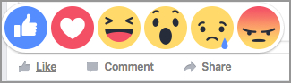 Przykładowe reakcje dostępne na Facebook, które mogą być dodawane do postów lub reklam