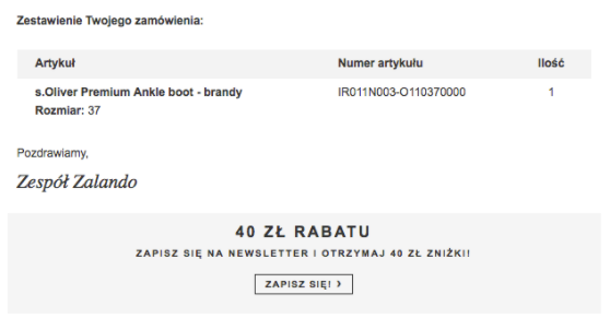 Przykład kuponu rabatowego przyznawanego za zapis do newslettera Przykładowa zachęta zapisu do newslettera - kupon rabatowy na zakupy w sklepie internetowym