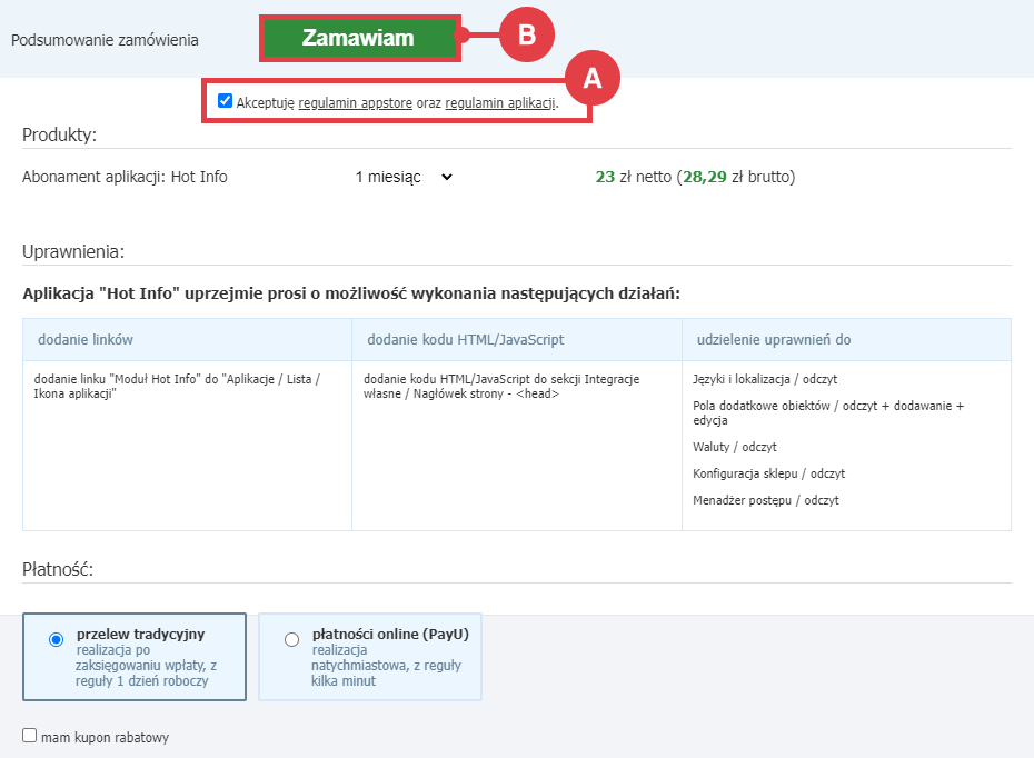 Zamów abonament aplikacji Hot Info w sklepie internetowym Shoper Panel administracyjny sklepu > Dodatki i integracje > Aplikacje > Hot Info > Instalacja