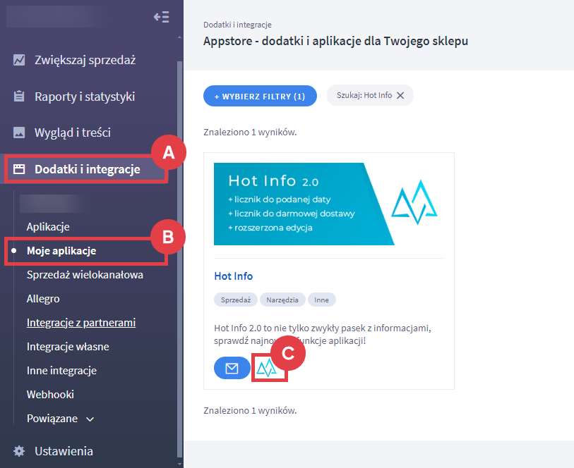 Uruchom aplikację i dodaj pasek z ważną informacją na stronę swojego sklepu internetowego Panel administracyjny sklepu > Dodatki i integracje > Moje aplikacje > Hot Info