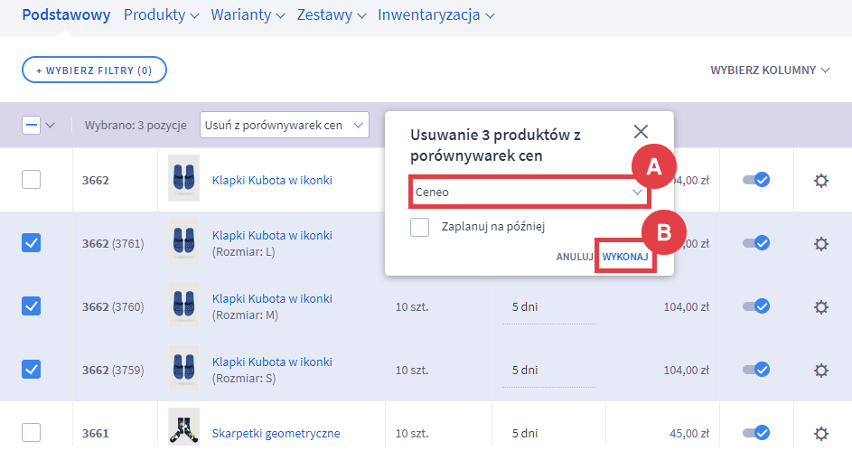 Panel administracyjny sklepu > Obsługa sklepu > Produkty > Akcje > Usuwanie produktów z porównywarek cen > Wykonaj