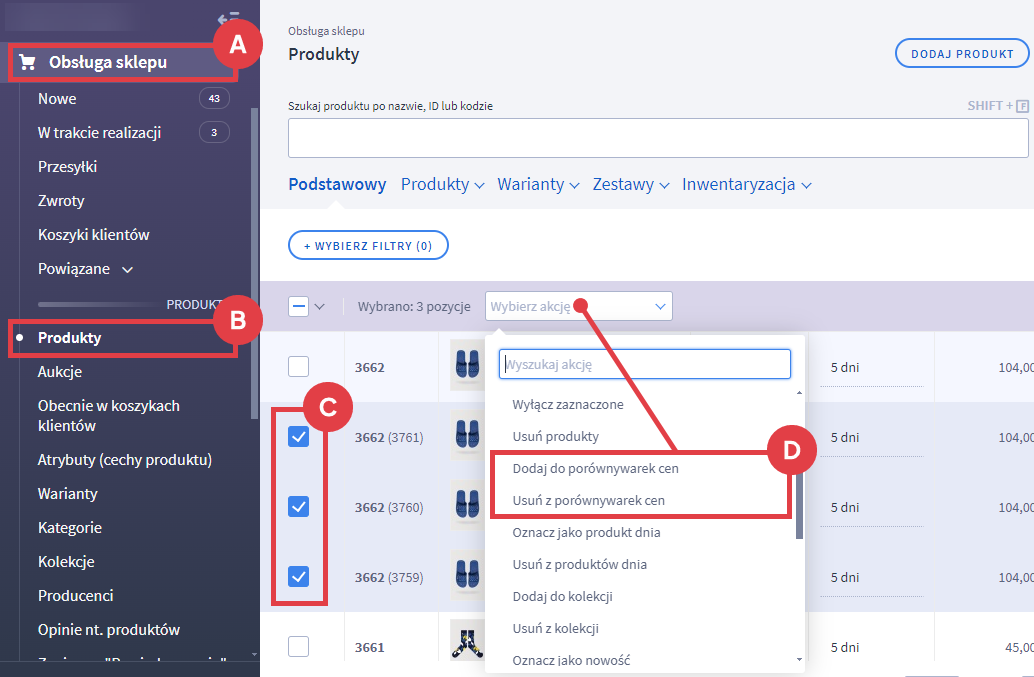 Panel administracyjny sklepu > Obsługa sklepu > Produkty > Akcje > Usuwanie produktów z porównywarek cen