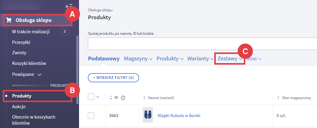 Wyfiltruj dostępne zestawy wśród produktów w Panelu administracyjnym sklepu Panel administracyjny > Obsługa sklepu > Produkty > Filtr > Zestawy