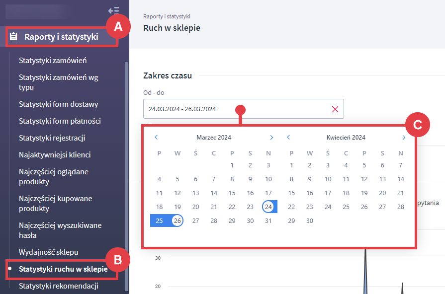 Panel administracyjny sklepu > Raporty i statystyki > Statystyki ruchu w sklepie > Zakres czasu