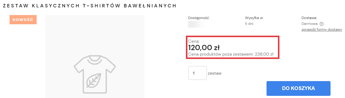 Prezentacja ceny produktów poza zestawem na stronie sklepu Front sklepu internetowego > Karta produktu