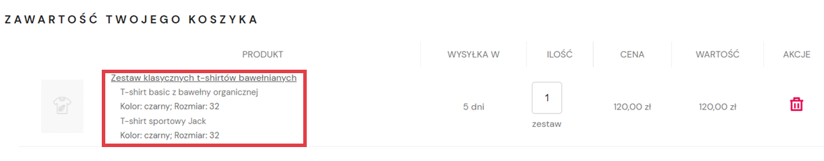 Przykładowy widok zestawu produktów w koszyku klienta Front sklepu internetowego > Pierwszy krok koszyka klienta