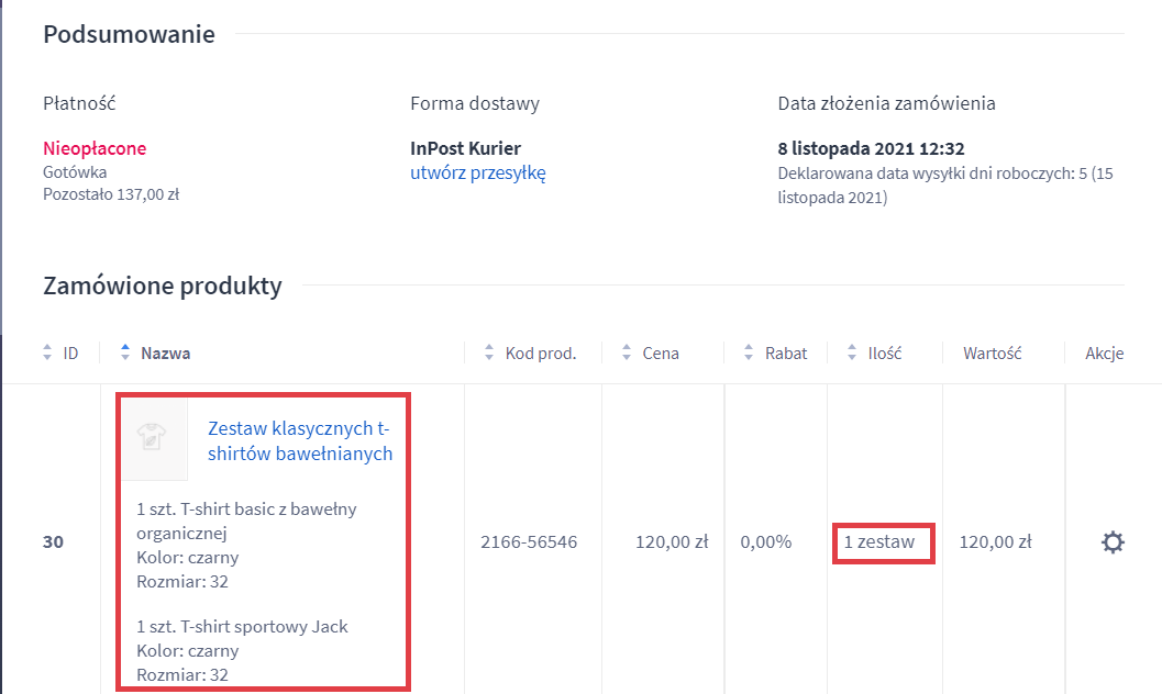 Panel administracyjny > Obsługa sklepu > Zamówienia > Edycja zamówienia > Zestaw produktów
