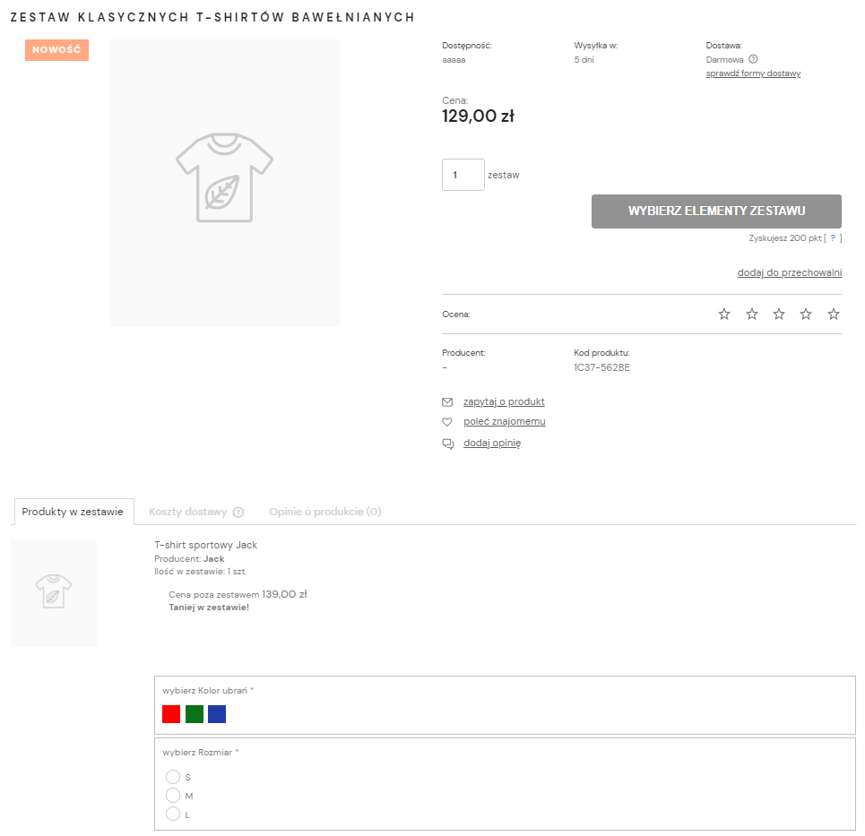 Przykład zestawu produktów z wariantami niemagazynowymi w sklepie internetowym Shoper Strona sklepu internetowego > Karta produktu > Produkty w zestawie