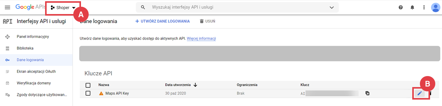 Google API > Strona Shoper > Klucz API > Edycja