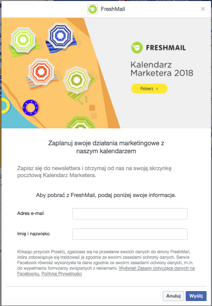 Przykładowy formularz typu lead ads służącego do zbierania adresów e-mail do bazy wysyłkowej