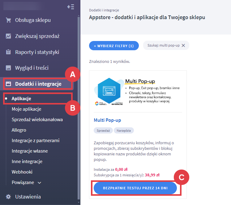 Panel administracyjny sklepu > Dodatki i integracje > Aplikacje > Multi Pop-up