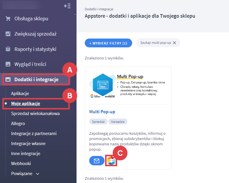 Panel administracyjny sklepu > Dodatki i integracje > Moje aplikacje > Multi Pop-up