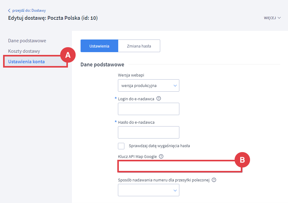 Panel administracyjny sklepu > Ustawienia > Obsługa zamówień > Formy dostawy > Poczta Polska > Edycja > Klucz API