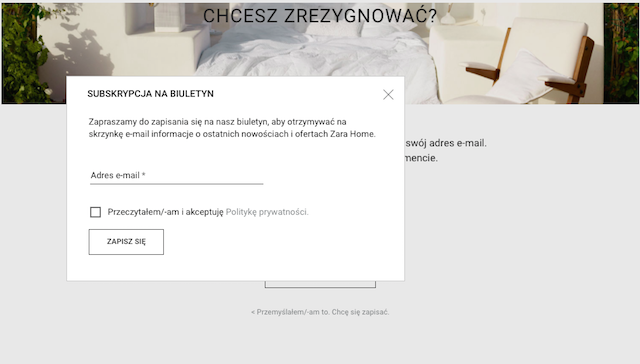 Wyświetlanie okienka pop-up do zapisu na stronie do rezygnacji z subskrypcji bazy wysyłkowej (newsletter)