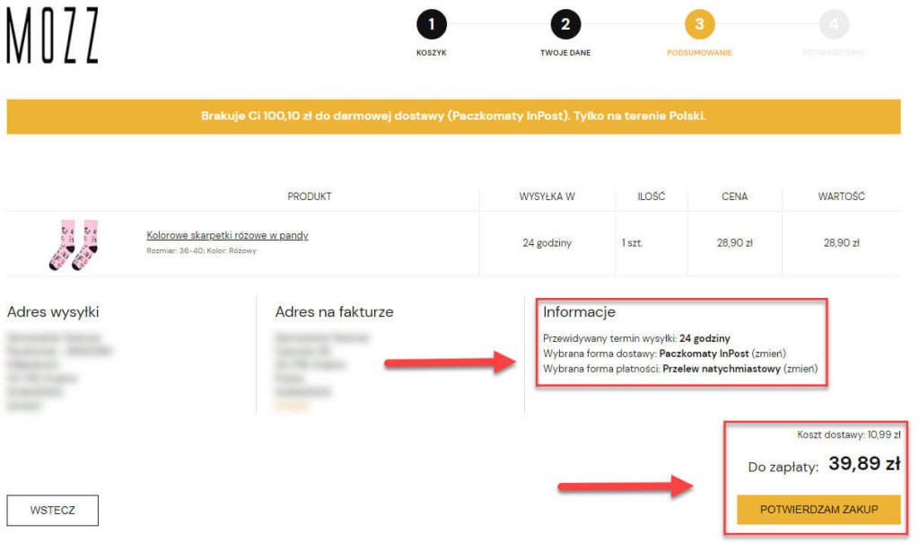 Przykładowy trzeci etap koszyka (podsumowanie) w sklepie internetowym Shoper Przykład trzeciego etapu w koszyku sklepu Shoper