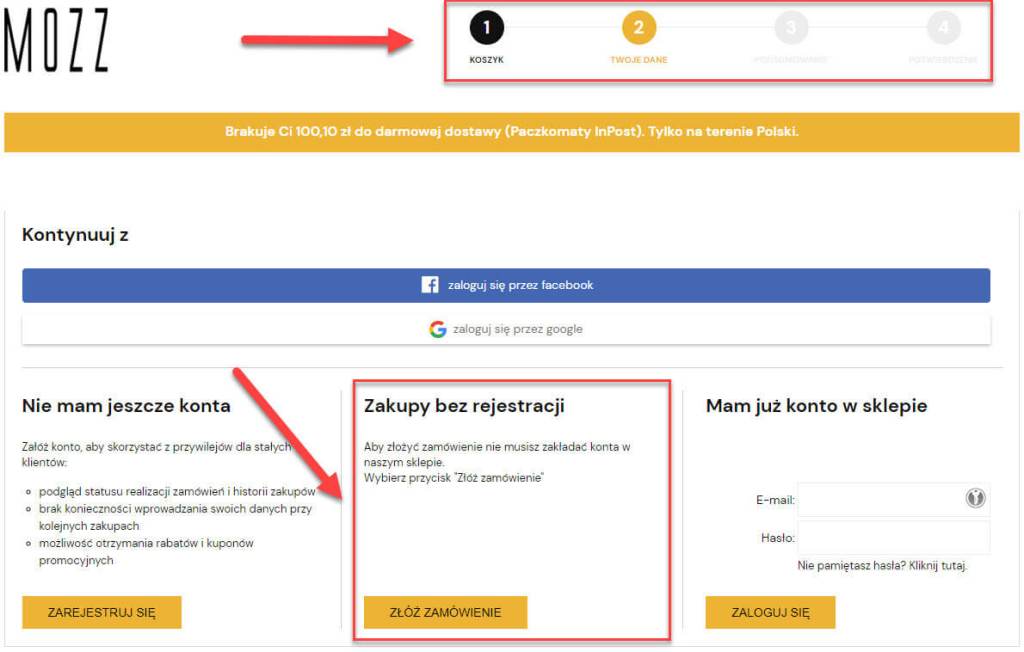 Przykład drugiego etapu koszyka w sklepie Shoper Drugi etap w koszyku sklepu internetowego Shoper