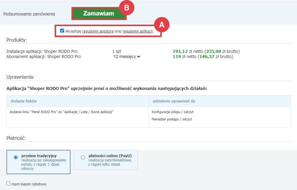Panel administracyjny sklepu > Dodatki i integracje > Aplikacje > Shoper RODO Pro > Instalacja