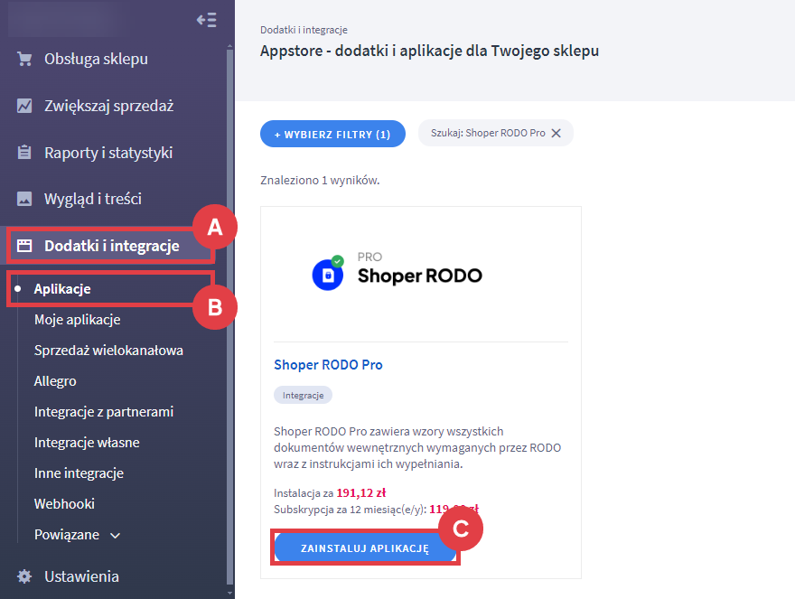 Panel administracyjny sklepu > Dodatki i integracje > Aplikacje > Shoper RODO Pro