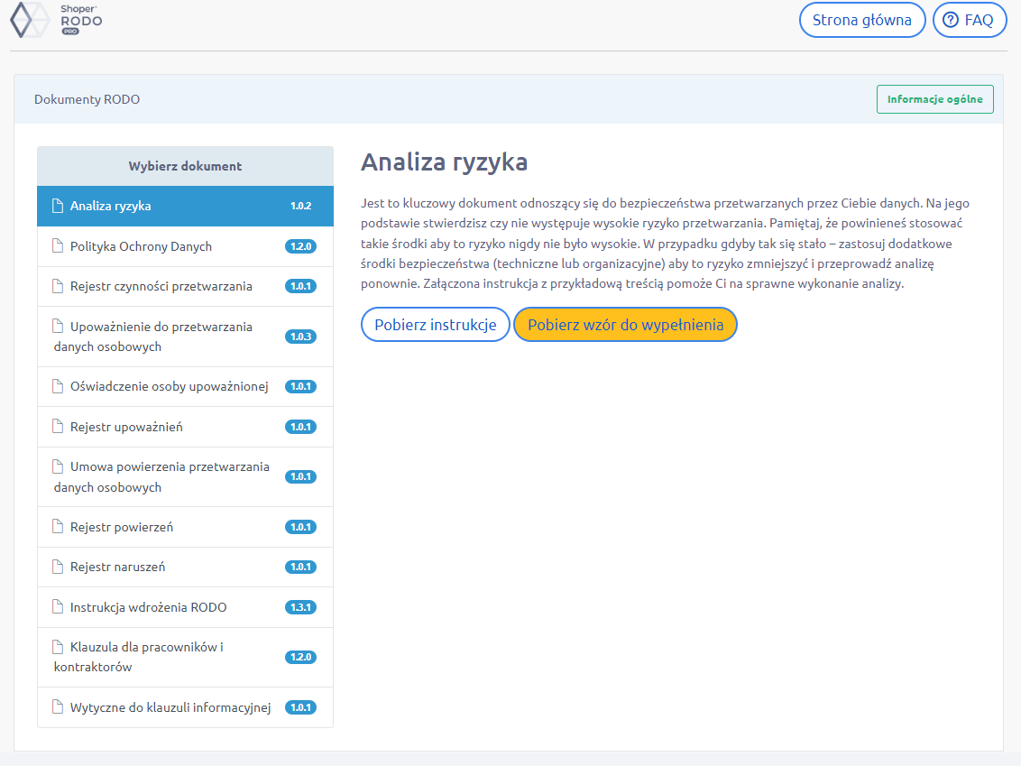 Panel administracyjny sklepu > Dodatki i integracje > Moje aplikacje > Shoper RODO Pro > Dokumenty