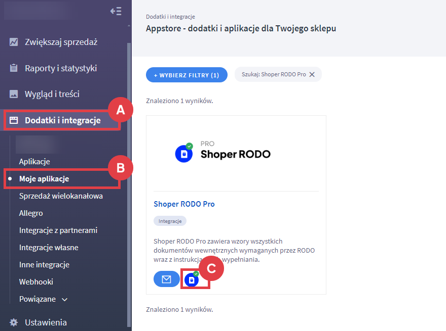 Panel administracyjny sklepu > Dodatki i integracje > Moje aplikacje > Shoper RODO Pro
